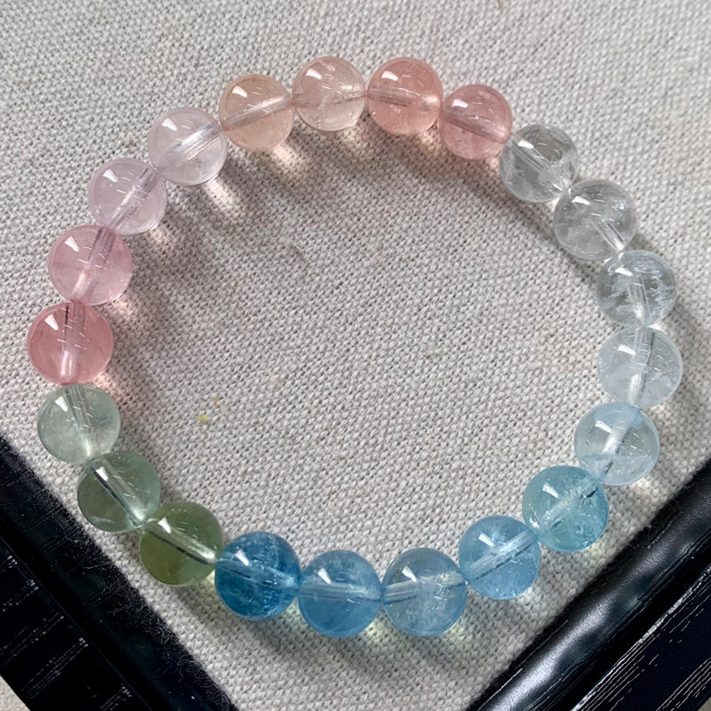天然冰透渐变摩根石手链绿柱石海蓝宝橘蓝粉黄水晶手串饰品情侣款