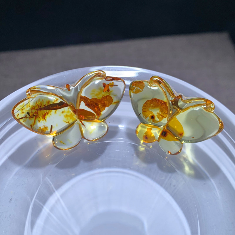 天然花珀蝴蝶配件琥珀蜜蜡植物花珀饰品搭配俄料串珠手链项链吊坠