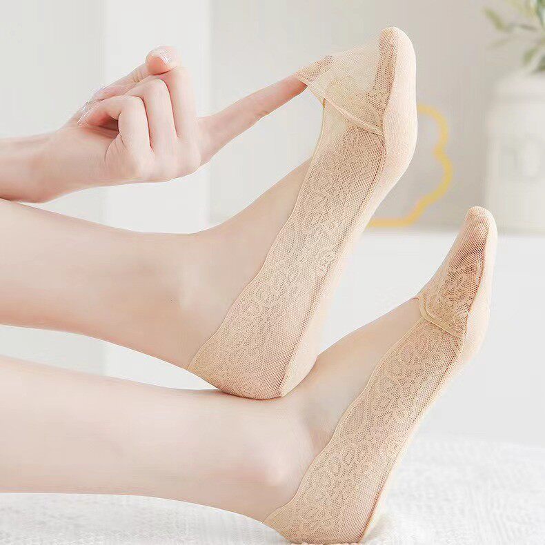 蕾丝船袜女夏季薄款透气隐形防滑不掉跟浅口短袜简约肉色女袜纯色
