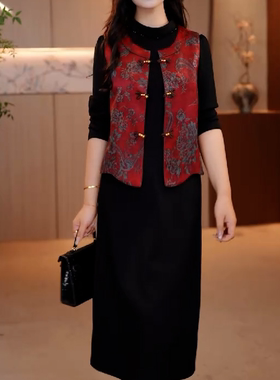 26年国风新中式红色提花段面大码女装盘扣真两件马甲连衣裙套装