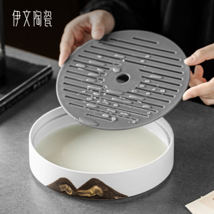 陶瓷圆形茶盘家用客厅小型干泡盘小茶台功夫茶具茶托盘茶海 储水式