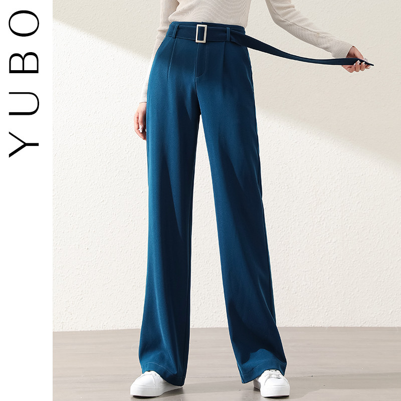 阔腿裤女高腰秋季宽松垂感腰带直筒西装裤显瘦宽腿醋酸孔雀蓝裤子