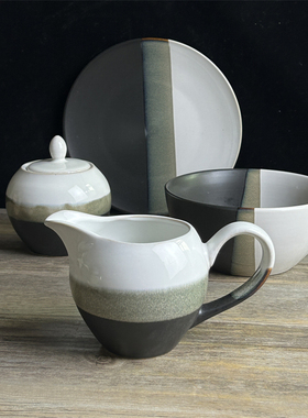 欧式艺术碗盘套装复古陶瓷盘子沙拉碗引流杯储物罐黑白色家用微瑕