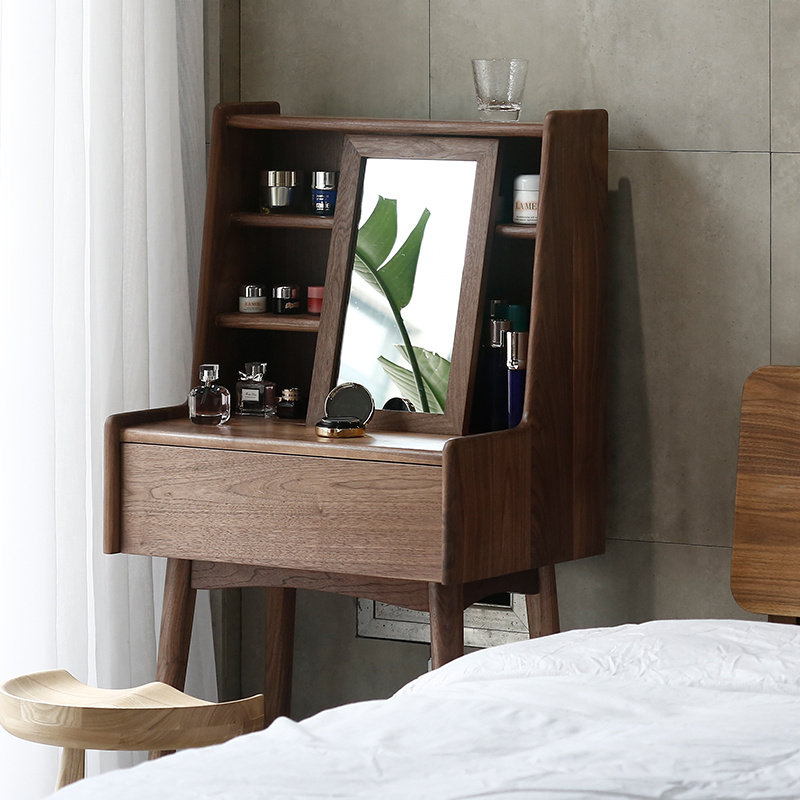 北欧日式黑胡桃木梳妆台简约实木梳妆桌小户型化妆台卧室家具