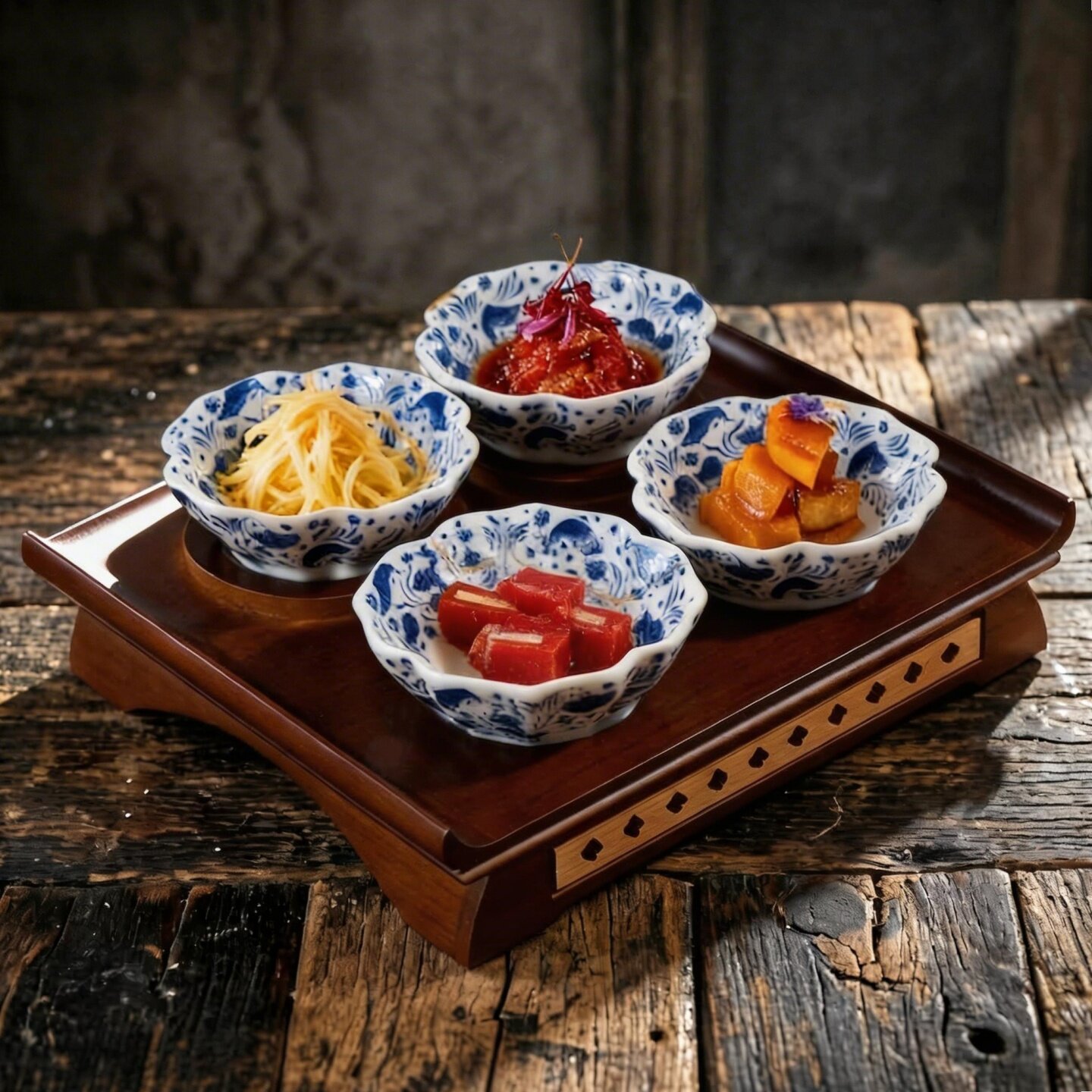 高档异形青花陶瓷四味小吃碟组合前菜点心冷菜拼盘餐具私宴餐厅用
