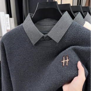 领针织衫 2026新款 男士 假两件衬衫 潮流 加绒加厚刺绣一体绒毛衣冬季