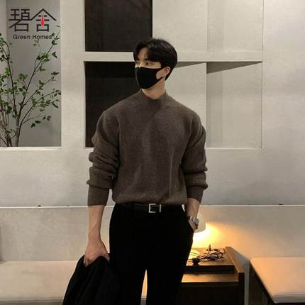 碧舍韩版潮流半高领毛衣男士秋冬保暖纯色宽松慵懒风高级感针织衫