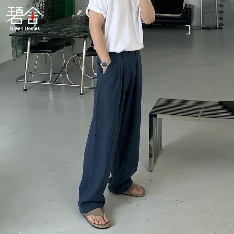 碧舍韩版简约休闲裤男夏季棉麻宽松直筒裤阔腿裤潮流慵懒透气舒适