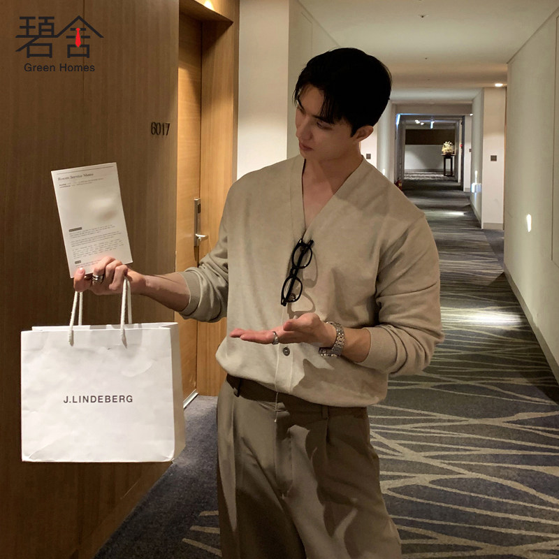 碧舍新款春秋薄款针织衫长袖男士开衫V领轻熟韩系青年高质感上衣