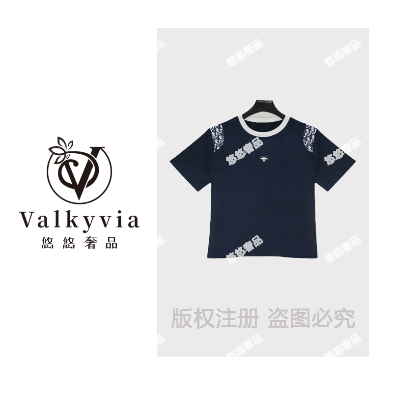 重工蜜蜂刺绣拼接短袖T恤女2025夏季新款设计感时尚百搭时尚上衣