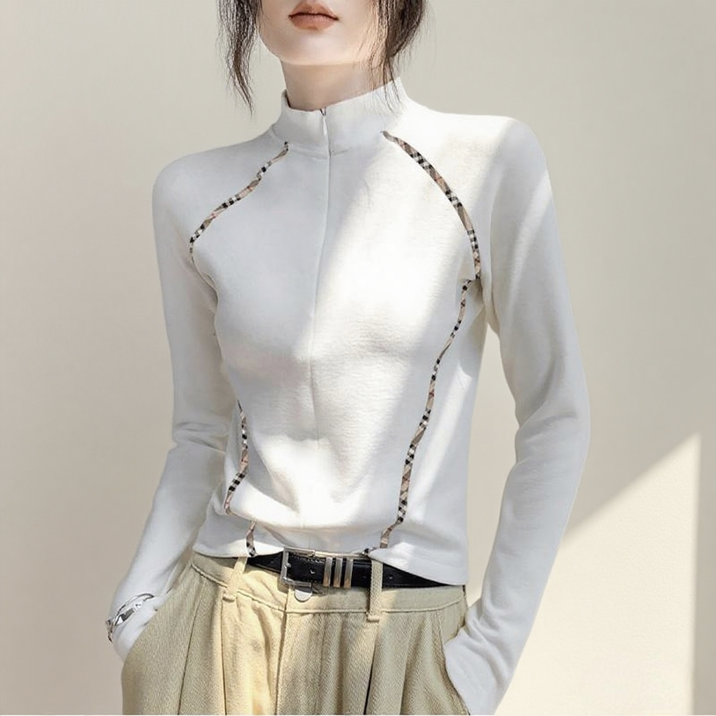 打底衫上衣女拉链拼色设计感2025秋冬新款显瘦百搭洋气休闲上衣女