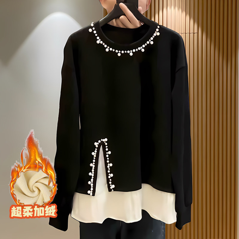 加绒加厚保暖卫衣女2024冬季新款钉珠设计感休闲百搭时尚气质上衣