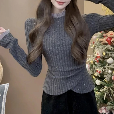 时尚蕾丝花边长袖打底衫女