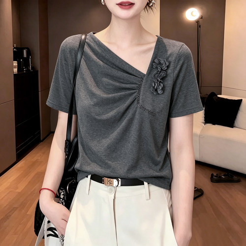斜领设计感气质显瘦短袖T恤女