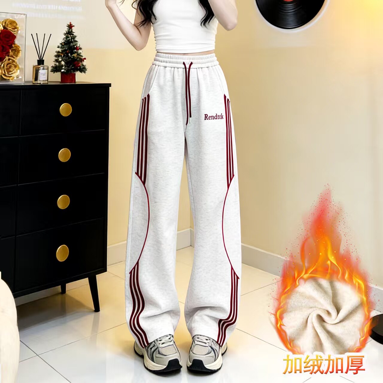 加绒加厚保暖考拉绒休闲裤女2026春季新款撞色条纹时尚字母阔腿裤