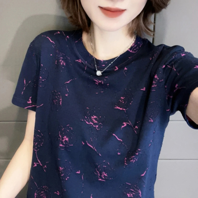 短袖T恤女2025夏季新款重工玫瑰烧花设计感修身百搭时尚休闲上衣