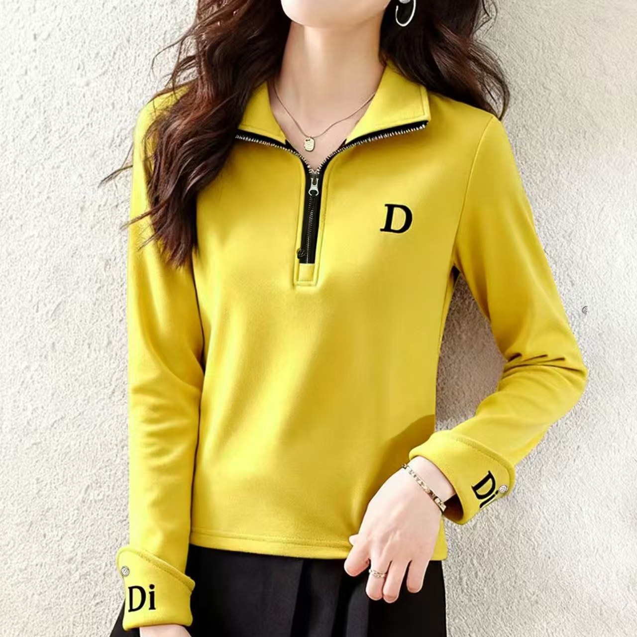 时尚刺绣纽扣半拉链上衣女2025秋冬新款百搭休闲显瘦拼接打底衫女,女装/女士精品,T恤,淘宝优惠券,粉丝福利购,淘宝优惠卷