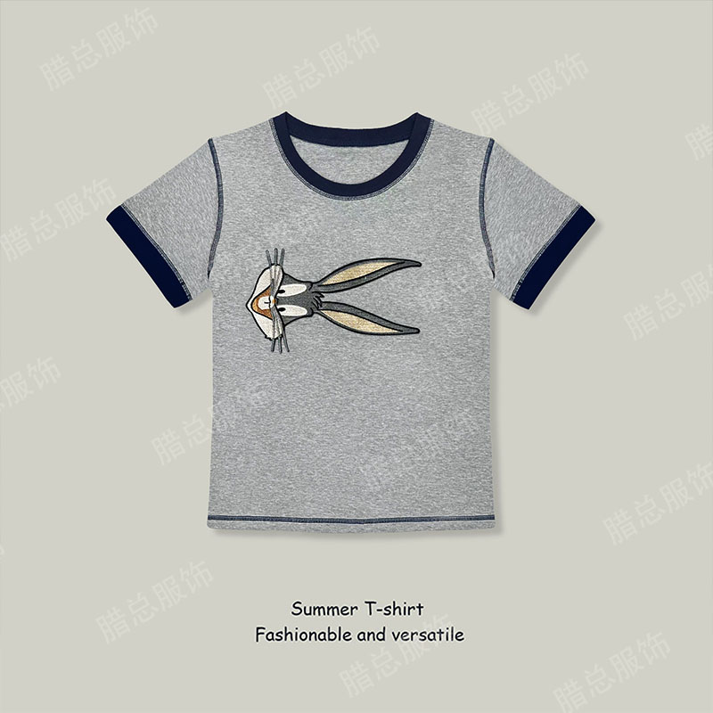 2025夏季新款纯棉短袖T恤女小兔明线撞色拼接设计感百搭时尚上衣