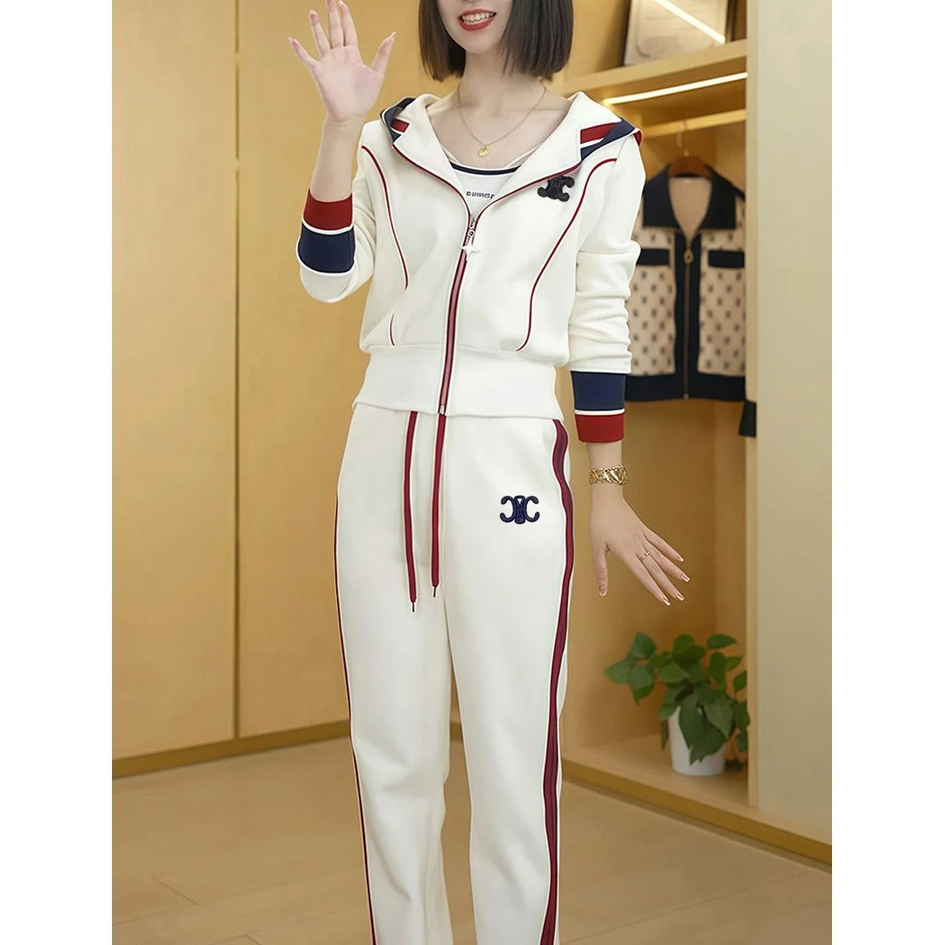 时髦洋气拼色休闲连帽套装女2025秋冬新款拉链设计感时尚两件套装