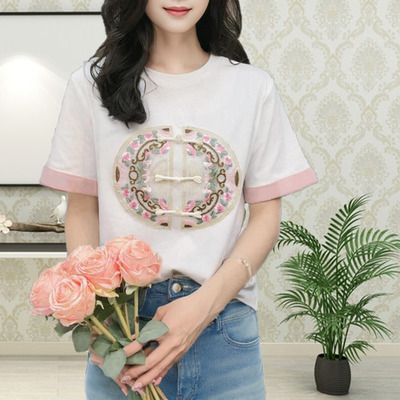 2024夏季中式国风重工刺绣盘扣短袖T恤女新款宽松假两件减龄上衣