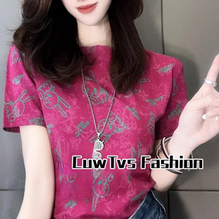 2025夏季新款洋气小兔满印短袖T恤女设计感修身百搭气质显瘦上衣