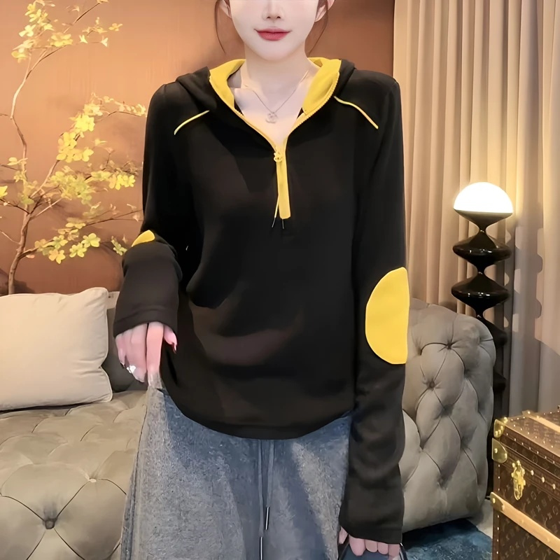 德绒保暖打底衫女连帽上衣2026秋冬拼色设计感休闲运动时尚显瘦