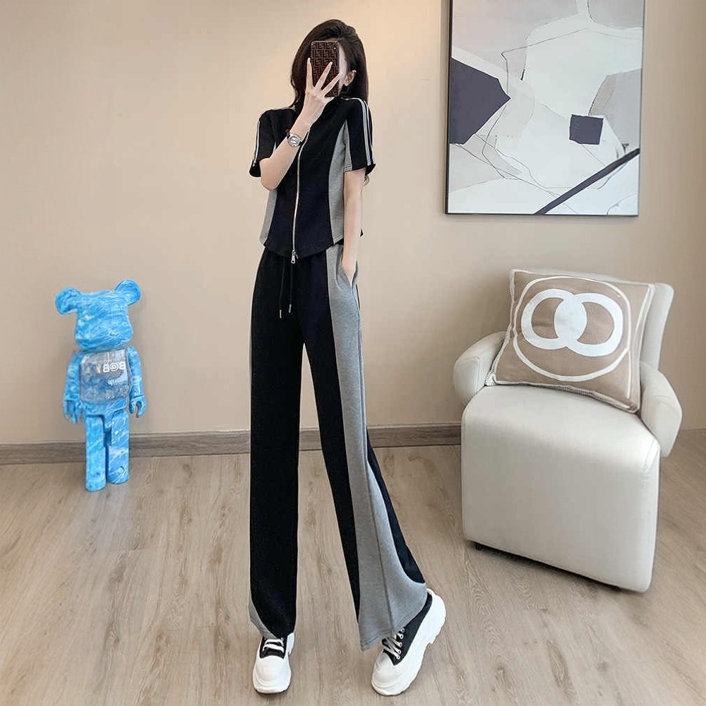 时尚休闲套装2025夏季新款撞色拼接洋气显瘦拉链上衣阔腿裤两件套