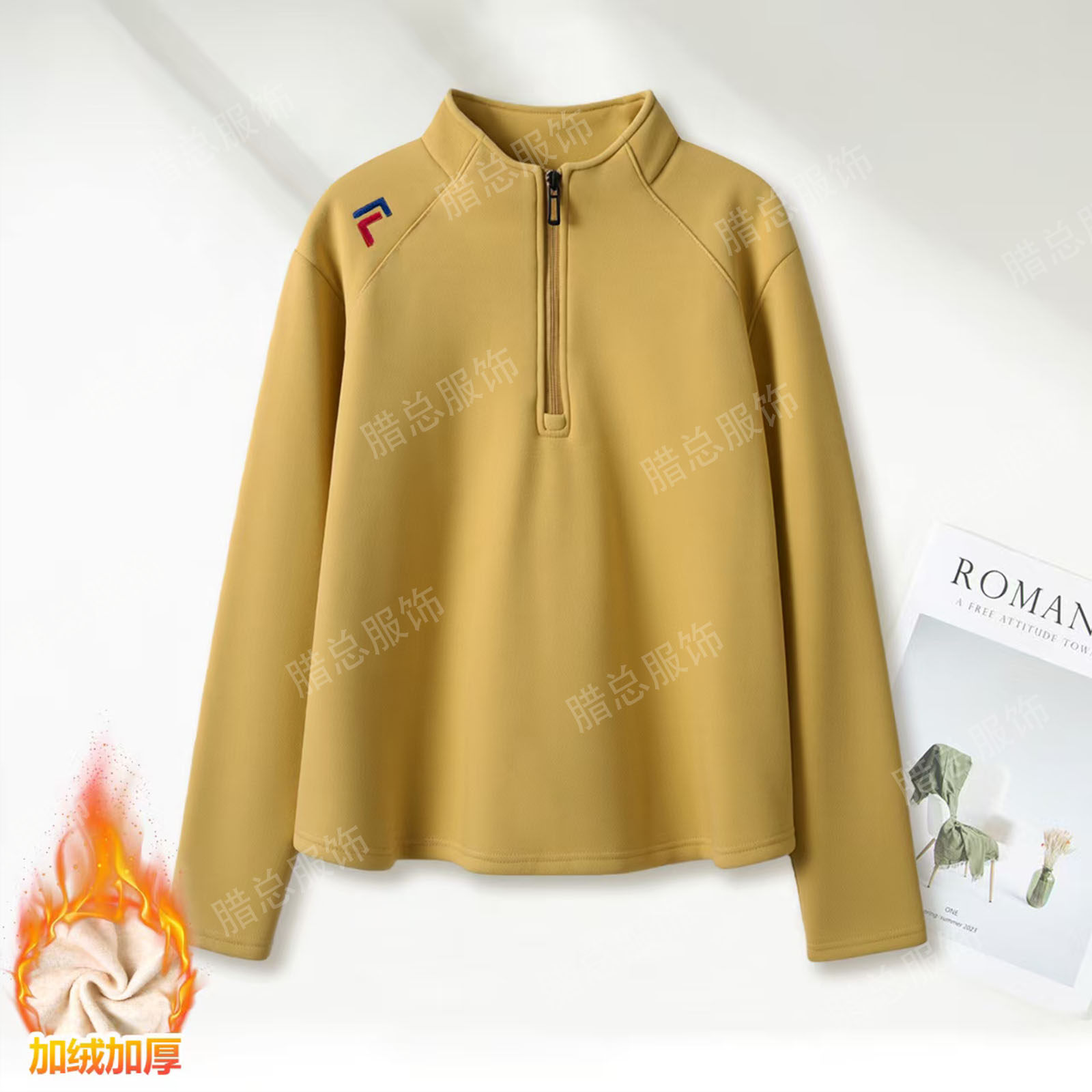 加绒加厚羊毛蚕丝保暖卫衣女秋冬新款百搭时尚刺绣半拉链立领上衣