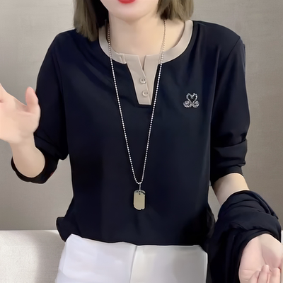 德绒显瘦V领烫钻小天鹅撞色长袖打底衫女款上衣休闲百搭2024秋冬