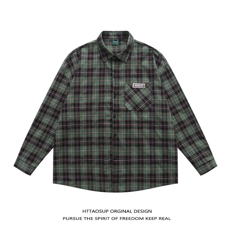 日系复古绿色格纹长袖衬衫秋外套