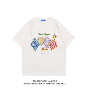 HTTAOSUP方块绣花短袖 上衣 T恤女夏宽松白色体恤学生甜美可爱半袖