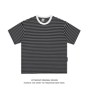 HTTAOSUP基础撞色条纹短袖 男日系休闲宽松重磅280G纯棉圆领TEE恤