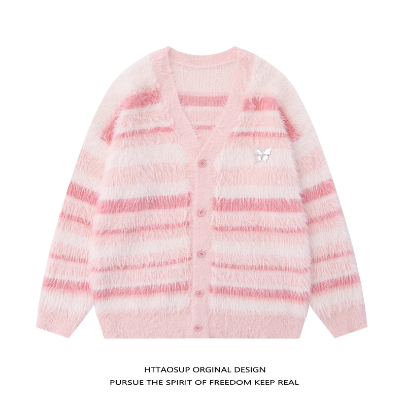 HTTAOSUP甜美风奶fufu软糯条纹毛衣女秋冬温柔别致仿貂绒毛衣外套,女装/女士精品,毛衣,淘宝优惠券,粉丝福利购,淘宝优惠卷