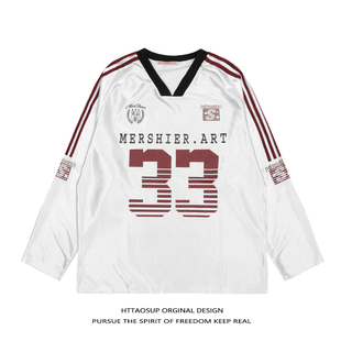 HTTAOSUP美式长袖球衣t恤男女情侣宽松潮牌复古条纹jerseyfit上衣