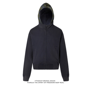 HTTAOSUP小众美式 拼接格纹boxy连帽卫衣男假两件休闲cleanfit上衣