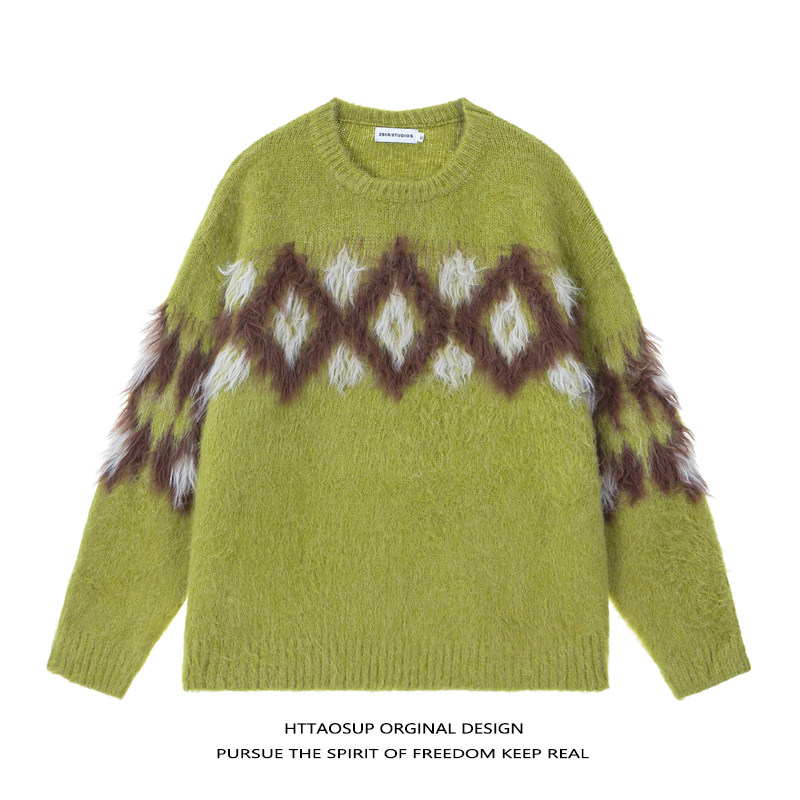 HTTAOSUP复古港风小众慵懒民族风菱格纹毛衣男秋冬情侣宽松针织衫,男装,针织衫/毛衣,淘宝优惠券,粉丝福利购,淘宝优惠卷