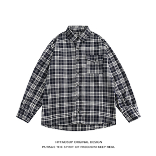 HTTAOSUP黑白格子原创美式cityboy格子休闲衬衫外套男女长袖衬衣