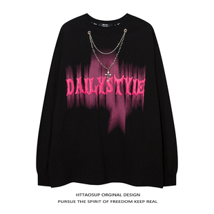 饰ins体恤 上衣男女项链装 HTTAOSUP原创潮牌美式 炸街T恤慵懒风长袖