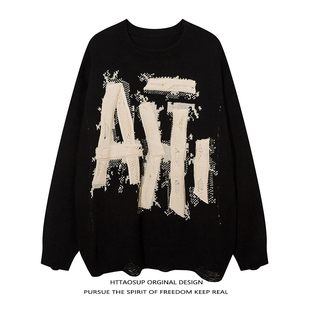 HTTAOSUP潮牌美式 高街设计感贴布绣毛衣男oversize炸街宽松针织衫