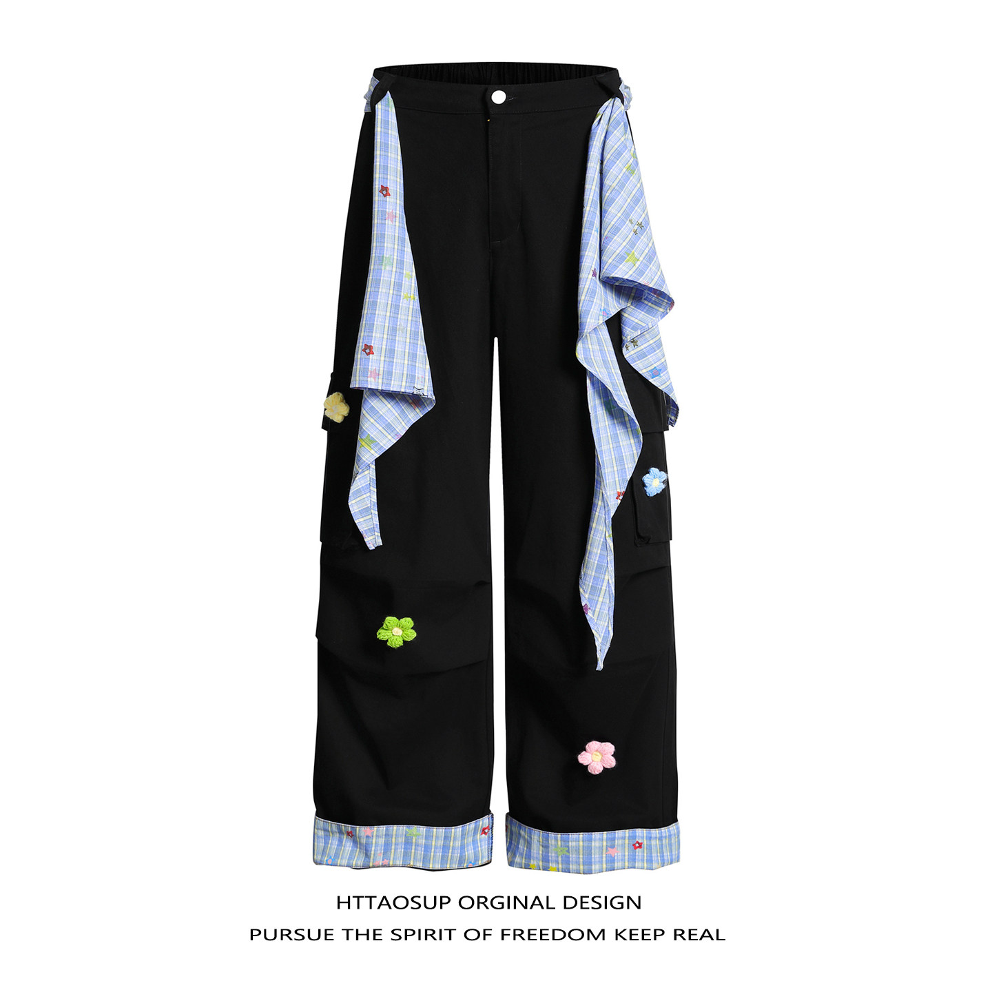HTTAOSUP美式街头立体花朵工装休闲裤男女宽松高腰格子拼接多口袋