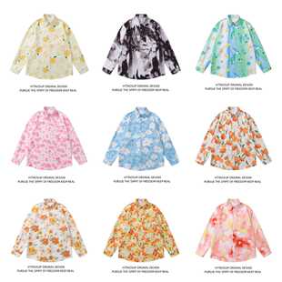 HTTAOSUP复古绿油画花衬衫男女慵懒风休闲宽松百搭艺术感长袖衬衣