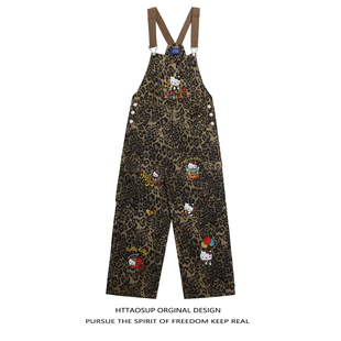 HTTAOSUP豹纹kitty猫牛仔背带裤男女同款秋季新款宽松直筒裤长裤