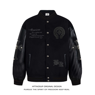 HTTAOSUP美式十字架棒球服夹克男女秋冬情侣款宽松潮牌PU皮袖外套