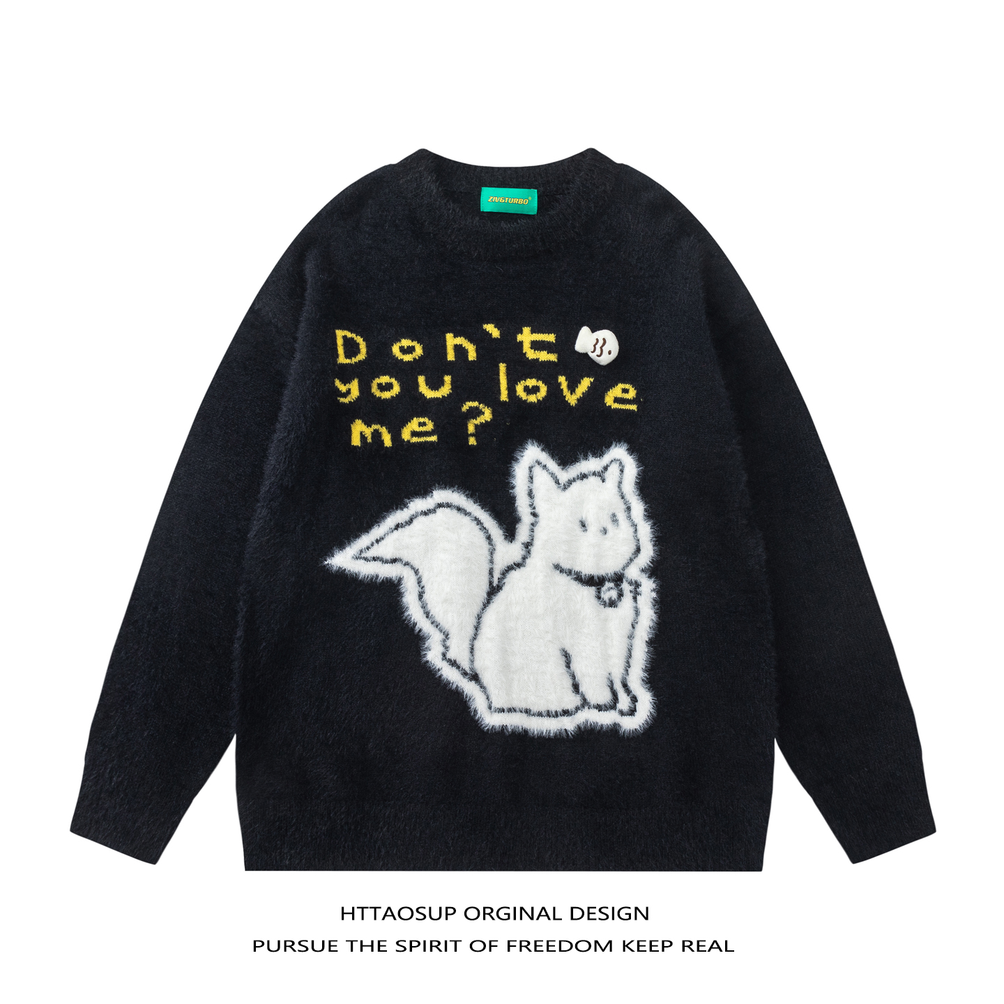 美式复古卡通小猫提花针织衫男女