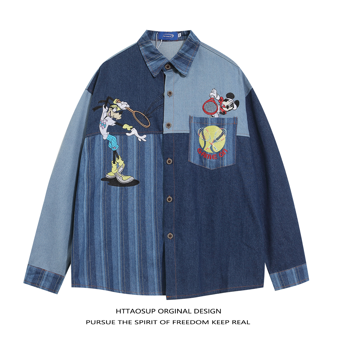 美式复古卡通刺绣拼接牛仔衬衫