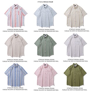 复古彩色纹宽松情侣百搭休闲衬衣 男女美式 HTTAOSUP竖条纹短袖 衬衫