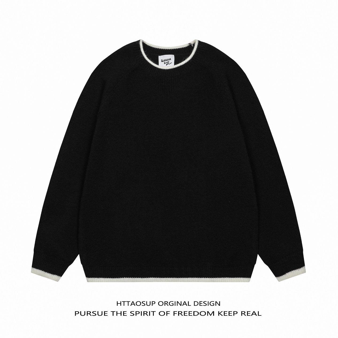 HTTAOSUP复古假两件拼接纯色圆领毛衣男女宽松百搭打底套头针织衫,男装,针织衫/毛衣,淘宝优惠券,粉丝福利购,淘宝优惠卷