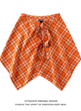 HTTAOSUP潮牌桔色格纹屁帘女生橙色撞色格子腰封跳舞裙叠穿下摆男