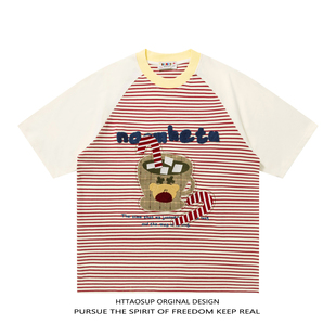 HTTAOSUP街头嘻哈拼色条纹植绒短袖 T恤男潮牌宽松情侣休闲百搭tee
