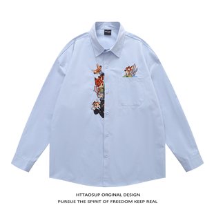 新款 HTTAOSUP美式 男春季 衬衫 宽松设计感别致衬衣 复古卡通刺绣长袖